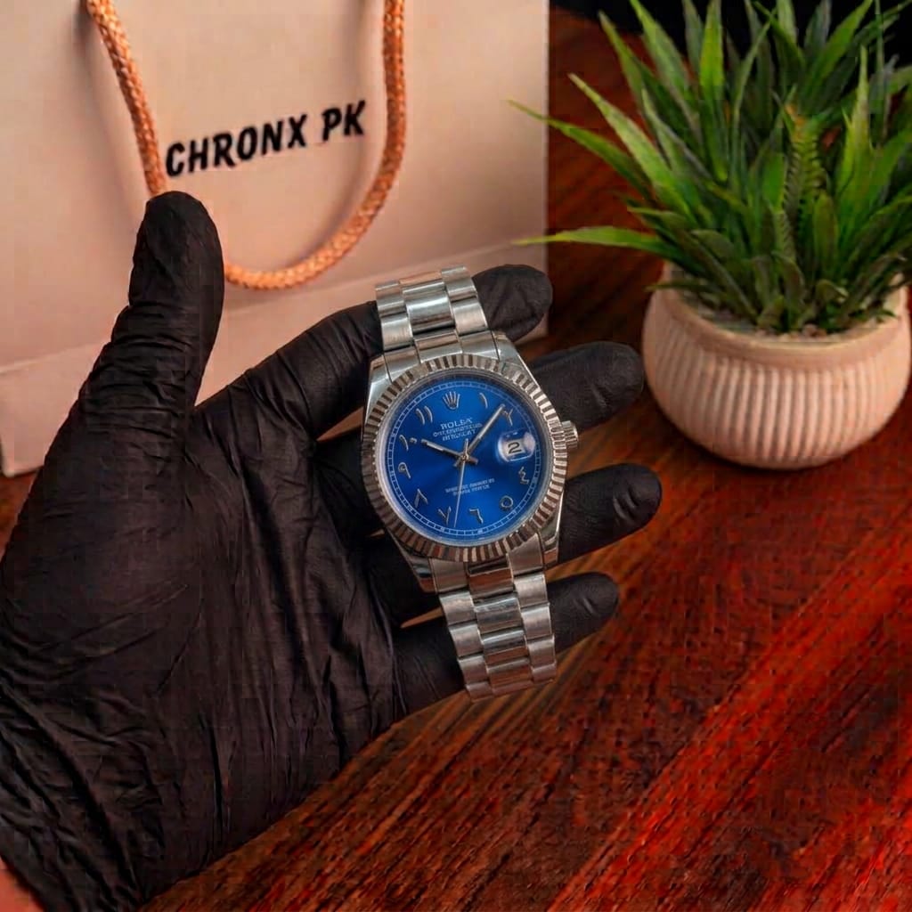 Rolex blue dial with stainless steel strap